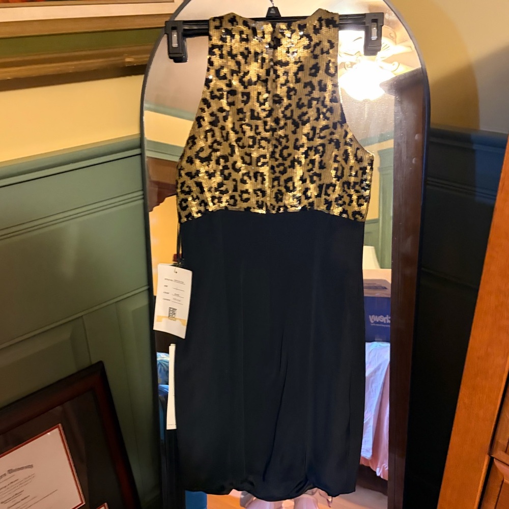 Elegant Sequin Leopard Print and Black Dress